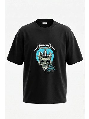 Anetos Bell Skull Tasarım Sırt Baskılı Pamuk Siyah Oversize T-Shirt