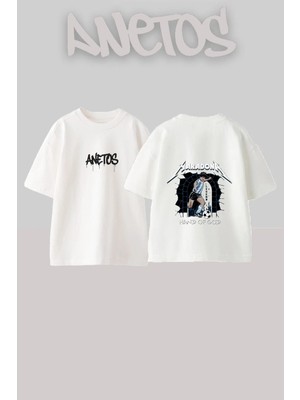 Anetos Maradona Metallica Tasarım Sırt Baskılı Pamuk Beyaz Oversize T-Shirt