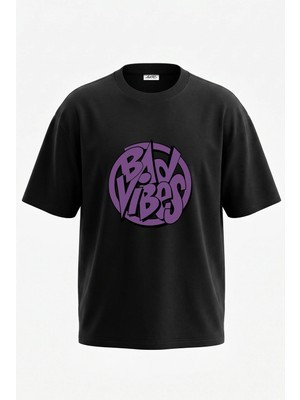 Anetos Bad Vibes Tasarım Sırt Baskılı Pamuk Siyah Oversize T-Shirt