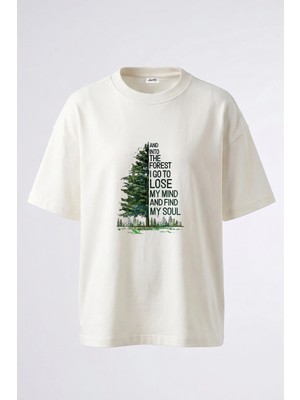 Anetos Orman Yazi Tasarım Sırt Baskılı Pamuk Beyaz Oversize T-Shirt