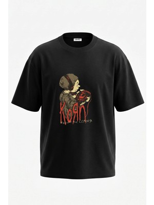 Anetos Korn Follow Leader Tasarım Sırt Baskılı Pamuk Siyah Oversize T-Shirt