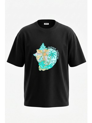 Anetos Yaz Deniz Kabugu Tasarım Sırt Baskılı Pamuk Siyah Oversize T-Shirt