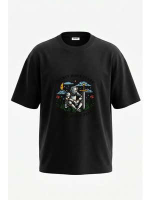 Anetos Sovalye Zirh Tasarım Sırt Baskılı Pamuk Siyah Oversize T-Shirt