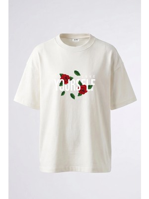 Anetos Love Yourself Gül Tasarım Sırt Baskılı Pamuk Beyaz Oversize T-Shirt