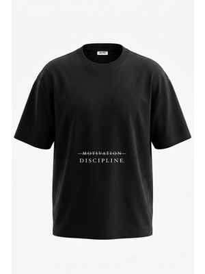 Anetos Motivation Discipline Tasarım Sırt Baskılı Pamuk Siyah Oversize T-Shirt