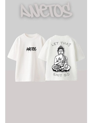 Anetos Buddha Meditation Tasarım Sırt Baskılı Pamuk Beyaz Oversize T-Shirt