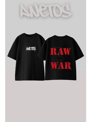 Anetos Raw Is Tasarım Sırt Baskılı Pamuk Siyah Oversize T-Shirt