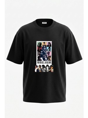 Anetos Michael Jackson_5 Tasarım Sırt Baskılı Pamuk Siyah Oversize T-Shirt