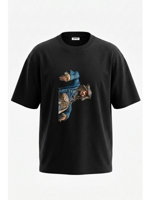 Anetos Jack Sparrow Tasarım Sırt Baskılı Pamuk Siyah Oversize T-Shirt