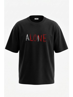 Anetos Alone Scribble Tasarım Sırt Baskılı Pamuk Siyah Oversize T-Shirt