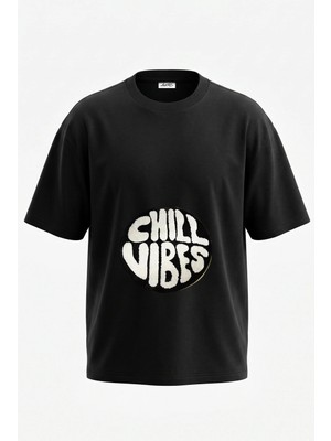 Anetos Chill Vibes Tasarım Sırt Baskılı Pamuk Siyah Oversize T-Shirt