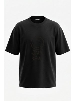 Anetos Smiley Face Tasarım Sırt Baskılı Pamuk Siyah Oversize T-Shirt