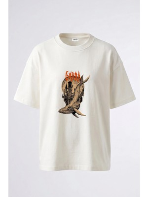 Anetos Gojira Tasarım Sırt Baskılı Pamuk Beyaz Oversize T-Shirt