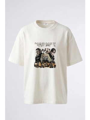 Anetos Mad Max Tasarım Sırt Baskılı Pamuk Beyaz Oversize T-Shirt