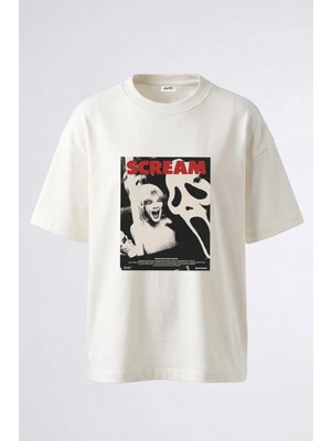Anetos Ghostface Scream Tasarım Sırt Baskılı Pamuk Beyaz Oversize T-Shirt