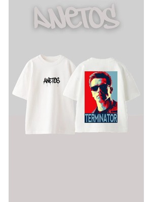 Anetos Arnold Schwarzenegger Tasarım Sırt Baskılı Pamuk Beyaz Oversize T-Shirt