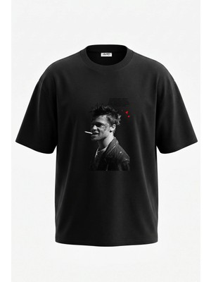 Anetos Tyler Durden_3 Tasarım Sırt Baskılı Pamuk Siyah Oversize T-Shirt