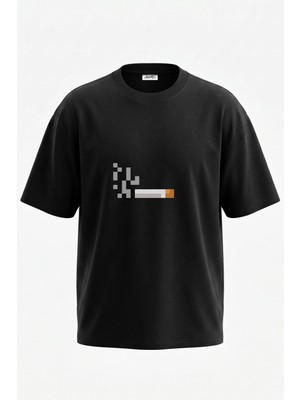 Anetos Cigarette Smoke Tasarım Sırt Baskılı Pamuk Siyah Oversize T-Shirt