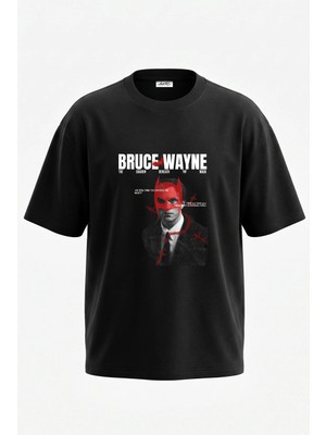 Anetos Bruce Wayne Batman Tasarım Sırt Baskılı Pamuk Siyah Oversize T-Shirt