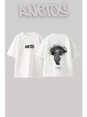 Anetos Galaxy Hand Tasarım Sırt Baskılı Pamuk Beyaz Oversize T-Shirt