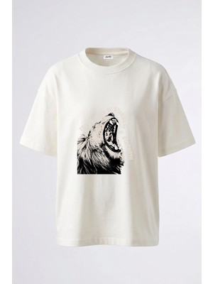 Anetos Roaring Lion Tasarım Sırt Baskılı Pamuk Beyaz Oversize T-Shirt