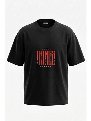 Anetos Make Things Happen Tasarım Sırt Baskılı Pamuk Siyah Oversize T-Shirt