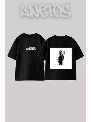Anetos Viking Warrior Tasarım Sırt Baskılı Pamuk Siyah Oversize T-Shirt