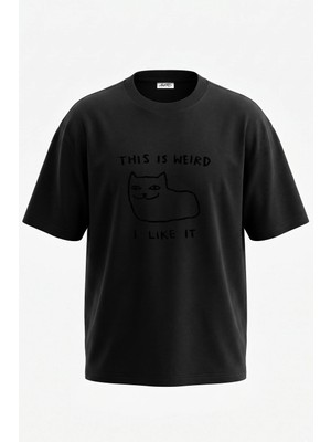 Anetos Weird Cat Meme Tasarım Sırt Baskılı Pamuk Siyah Oversize T-Shirt
