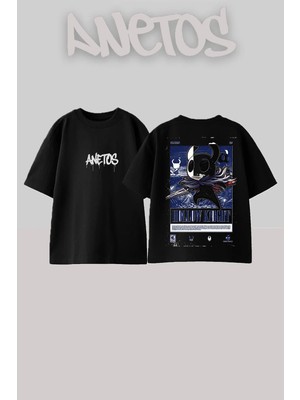 Anetos Hollow Knight Tasarım Sırt Baskılı Pamuk Siyah Oversize T-Shirt