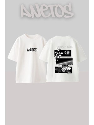 Anetos Nature Space Tasarım Sırt Baskılı Pamuk Beyaz Oversize T-Shirt