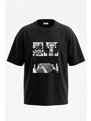 Anetos Naruto Manga Tasarım Sırt Baskılı Pamuk Siyah Oversize T-Shirt