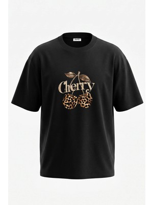 Anetos Cherry Leopard Tasarım Sırt Baskılı Pamuk Siyah Oversize T-Shirt