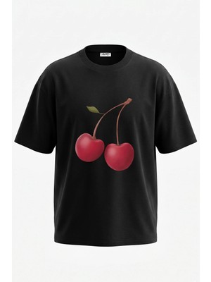 Anetos Cift Kiraz Tasarım Sırt Baskılı Pamuk Siyah Oversize T-Shirt