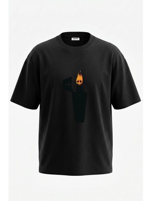 Anetos Kafatasi Cakmak Tasarım Sırt Baskılı Pamuk Siyah Oversize T-Shirt