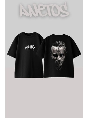 Anetos Ragnar Lothbrok Tasarım Sırt Baskılı Pamuk Siyah Oversize T-Shirt