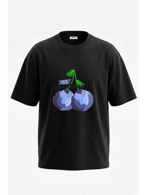 Anetos Blue Berry Tasarım Sırt Baskılı Pamuk Siyah Oversize T-Shirt