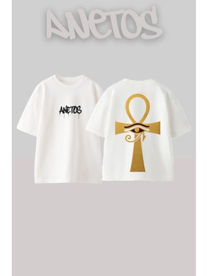 Anetos Ankh Eye Tasarım Sırt Baskılı Pamuk Beyaz Oversize T-Shirt
