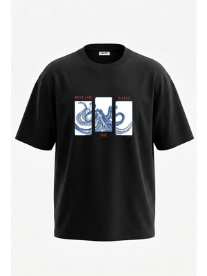 Anetos Blue Octopus Tasarım Sırt Baskılı Pamuk Siyah Oversize T-Shirt