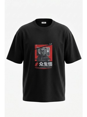 Anetos Glitch Tv Skull Tasarım Sırt Baskılı Pamuk Siyah Oversize T-Shirt