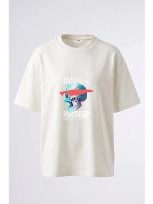 Anetos Glitched Skull Tasarım Sırt Baskılı Pamuk Beyaz Oversize T-Shirt