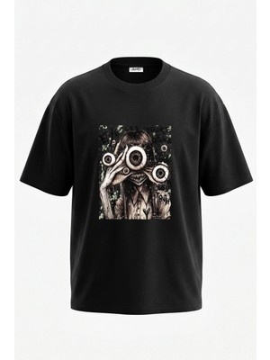 Anetos Goz Canavari Tasarım Sırt Baskılı Pamuk Siyah Oversize T-Shirt