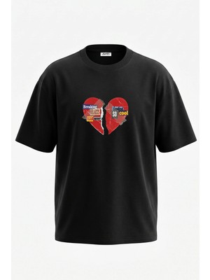 Anetos Kırık Kalp Kolaj Tasarım Sırt Baskılı Pamuk Siyah Oversize T-Shirt