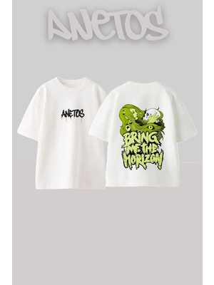 Anetos Bring Me Tasarım Sırt Baskılı Pamuk Beyaz Oversize T-Shirt