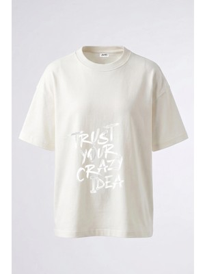 Anetos Crazy Idea Tasarım Sırt Baskılı Pamuk Beyaz Oversize T-Shirt