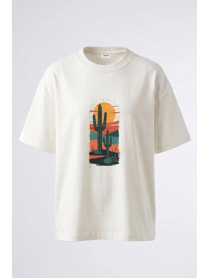 Anetos Cactus Sunset Tasarım Sırt Baskılı Pamuk Beyaz Oversize T-Shirt