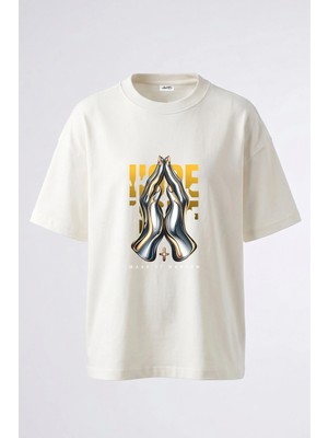 Anetos Praying Hands Hope Tasarım Sırt Baskılı Pamuk Beyaz Oversize T-Shirt