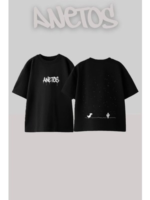 Anetos Offline Dino Tasarım Sırt Baskılı Pamuk Siyah Oversize T-Shirt