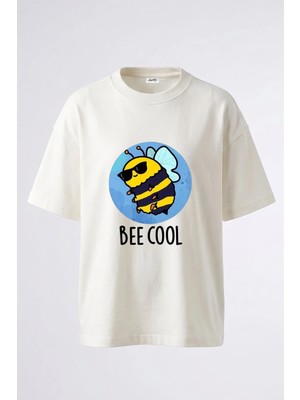 Anetos Cool Bee Tasarım Sırt Baskılı Pamuk Beyaz Oversize T-Shirt