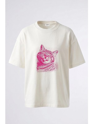 Anetos Pink Cat Tongue Tasarım Sırt Baskılı Pamuk Beyaz Oversize T-Shirt