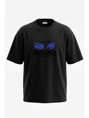 Anetos Grunge Gozler Tasarım Sırt Baskılı Pamuk Siyah Oversize T-Shirt